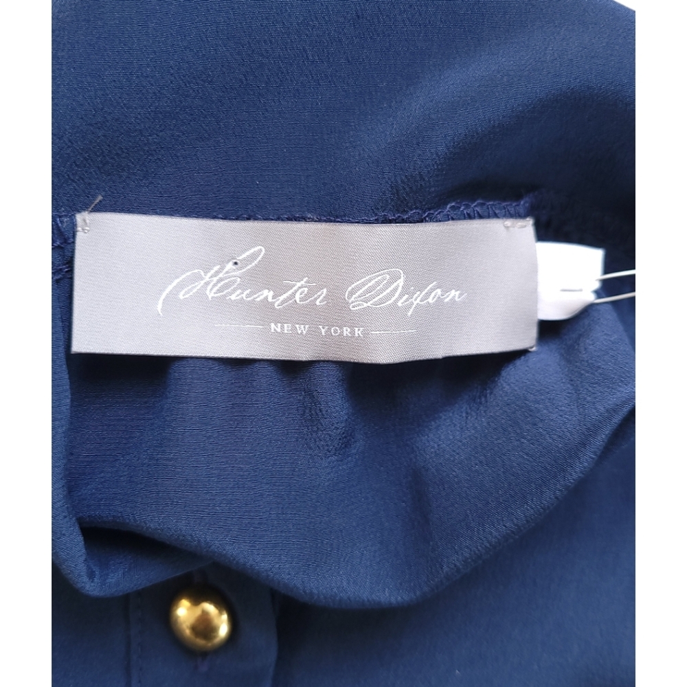 Hunter Dixon Navy Silky Blouse Gold Buttons Utility Pocket Top Size L Office‎ - Picture 9 of 11